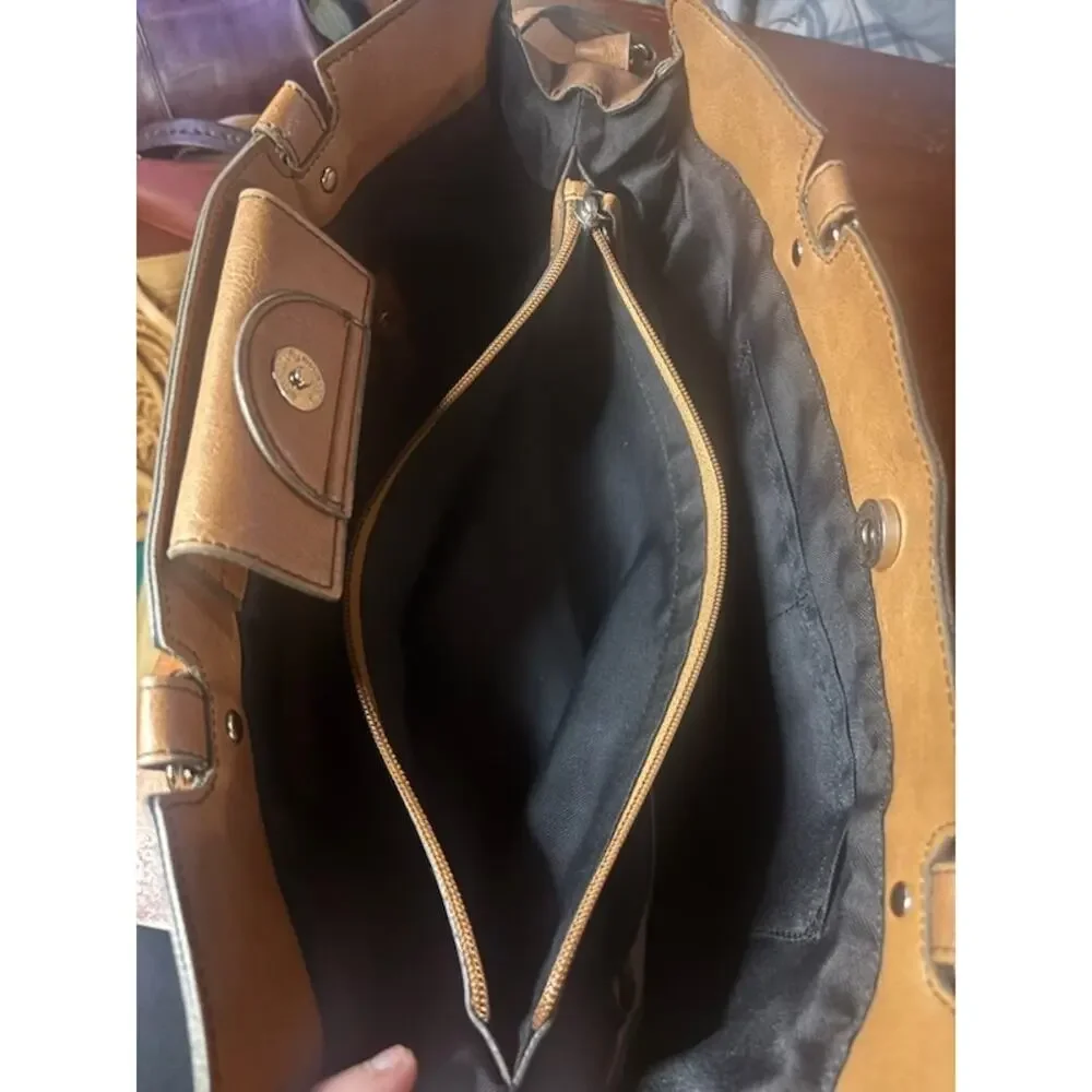 Merona Cognac Faux Leather Vegan Satchel Laptop Messenger Bag NWOT commuter